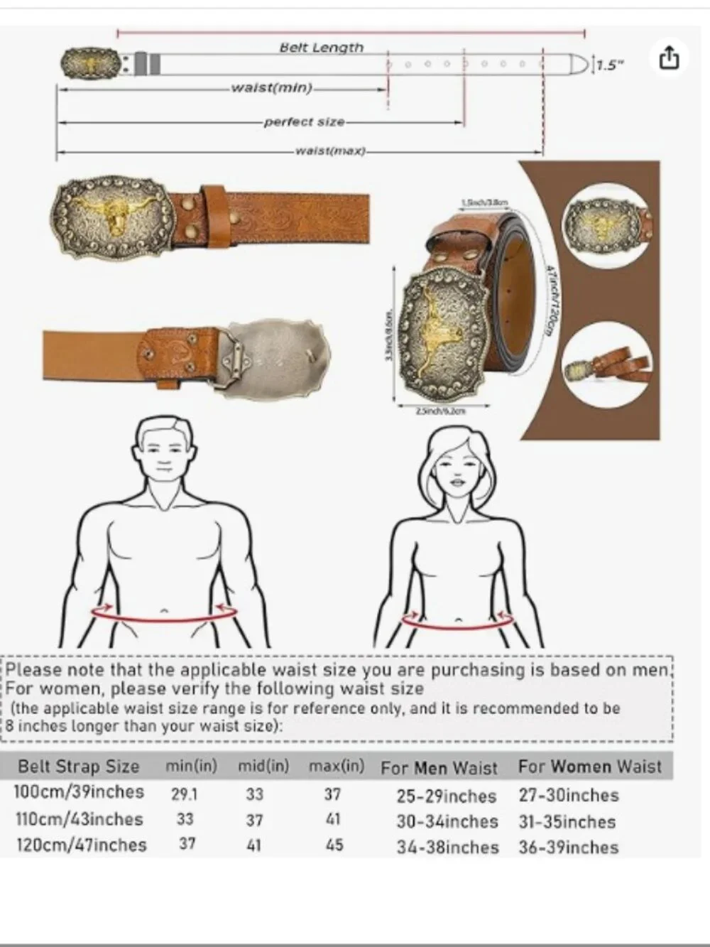 Women's Western Cowboy Belt with Large Longhorn Bull Buckle
